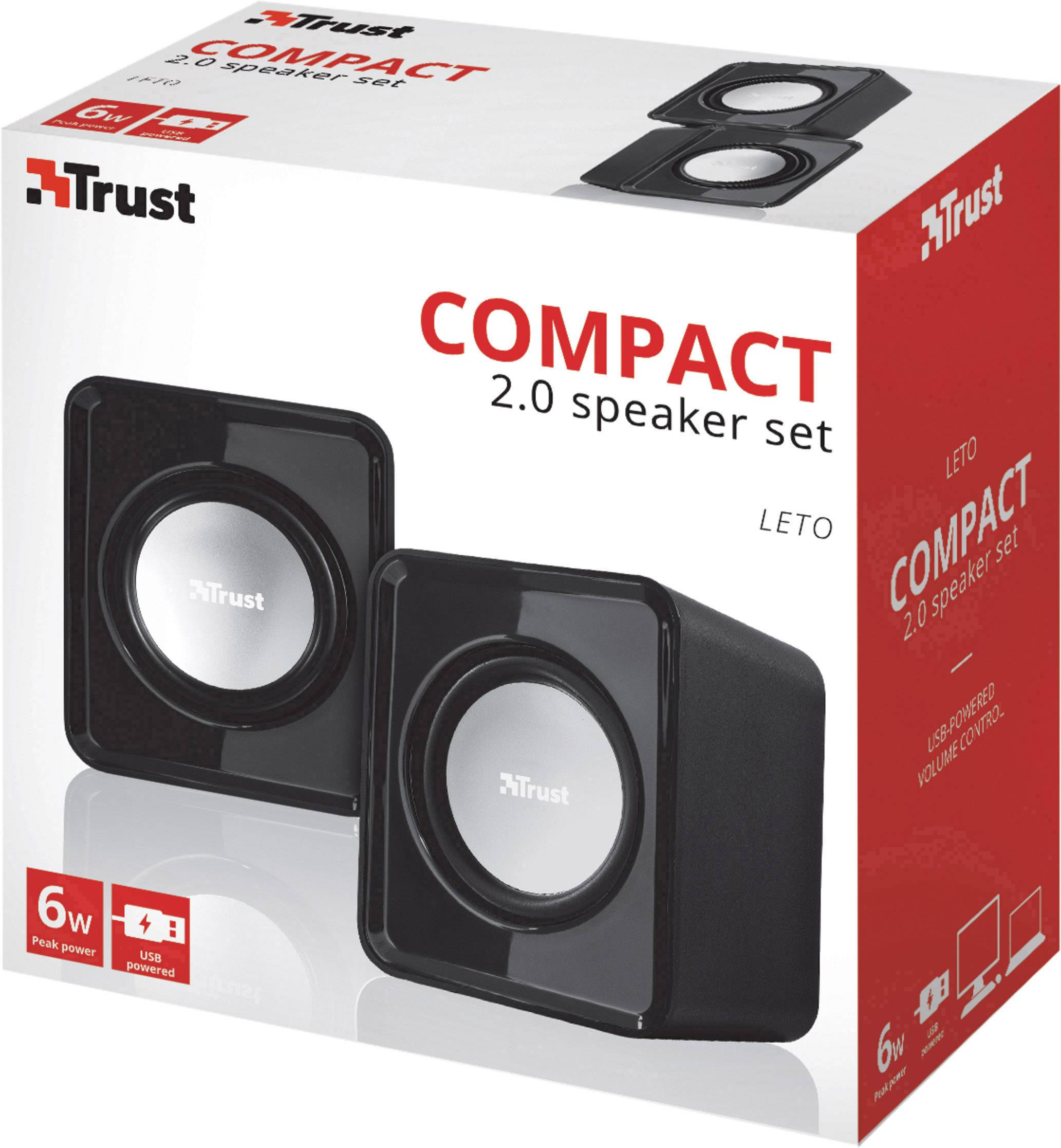 Obal reproduktorového systému 'Trust Compact 2.0', zobrazujúci dva čierne reproduktory napájané cez USB, s maximálnym výkonom 6W.