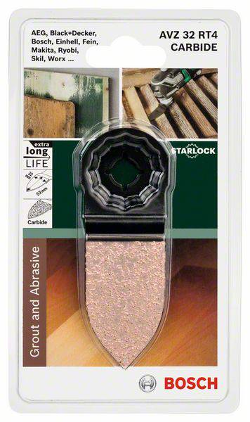 'Bosch Starlock AVZ 32 RT4 karbidový multifunkčný pílový list, vhodný na škáry a abrazívne materiály. Kompatibilný s viacerými značkami.'
