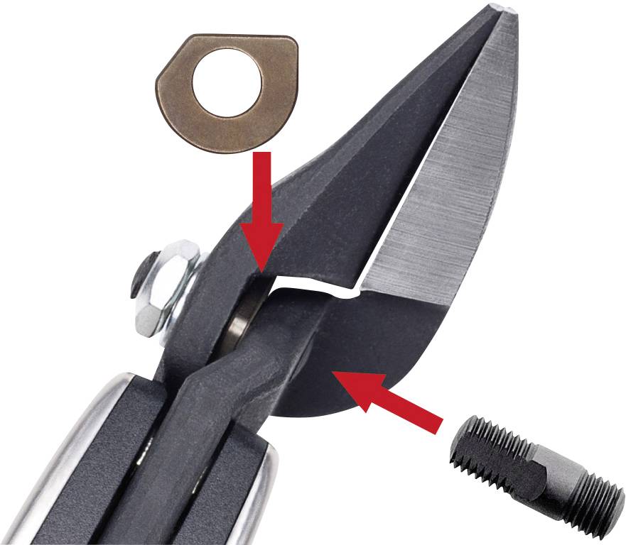 Kliešte s vymeniteľnou reznou čepeľou, skrutkou a maticou. Červené šípky ukazujú na body spájania jednotlivých dielov.