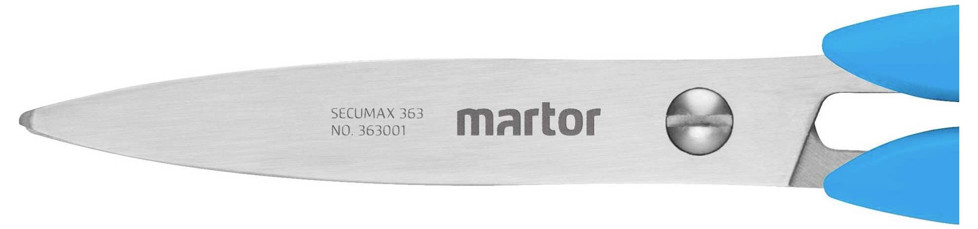 Strieborné nožnice s modrými rukoväťami, na čepeli je napísané 'SECUMAX 363 NO. 365001 martor'.