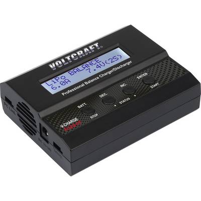 Čierna Voltcraft nabíjačka so vyvažovaním, ktorá má displej zobrazujúci 'Lipo Balance 6.0A -41.(25)'. Tlačidlá pre INC, DEC, STATUS.