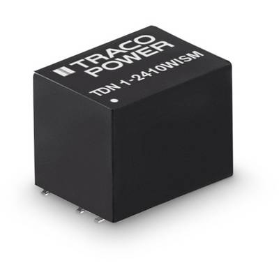 Schwarzer Traco Power menič napätia, model 'TDN 1-2410WISM', v kockovitom tvare so striebornými konektormi na spodnej strane.
