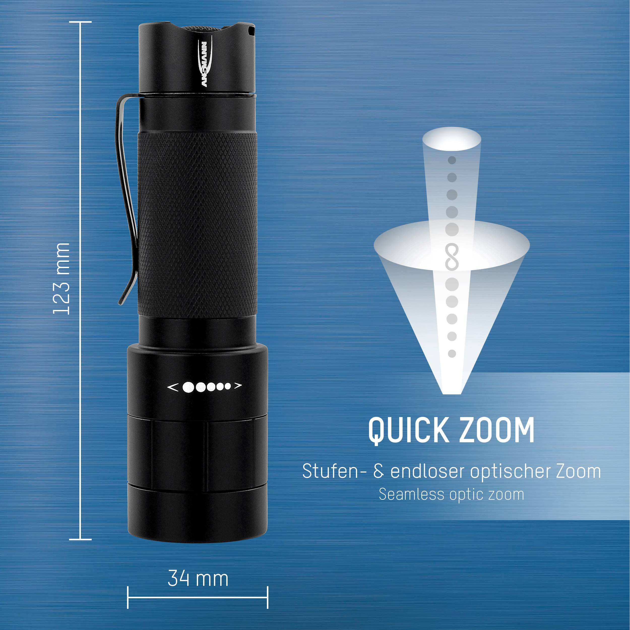 Obrázok znázorňuje čiernu baterku s rozmermi 123 mm x 34 mm. Text: 'QUICK ZOOM Viacstupňový a nepretržitý optický zoom'.