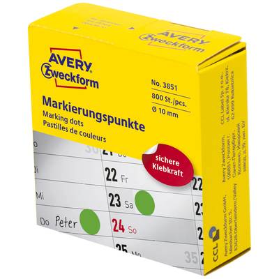 Žltý obal značkovacích bodiek 'AVERY Zweckform', číslo artiklu 3851, 800 kusov, priemer 10 mm, s textom 'spoľahlivá adhézna sila'.