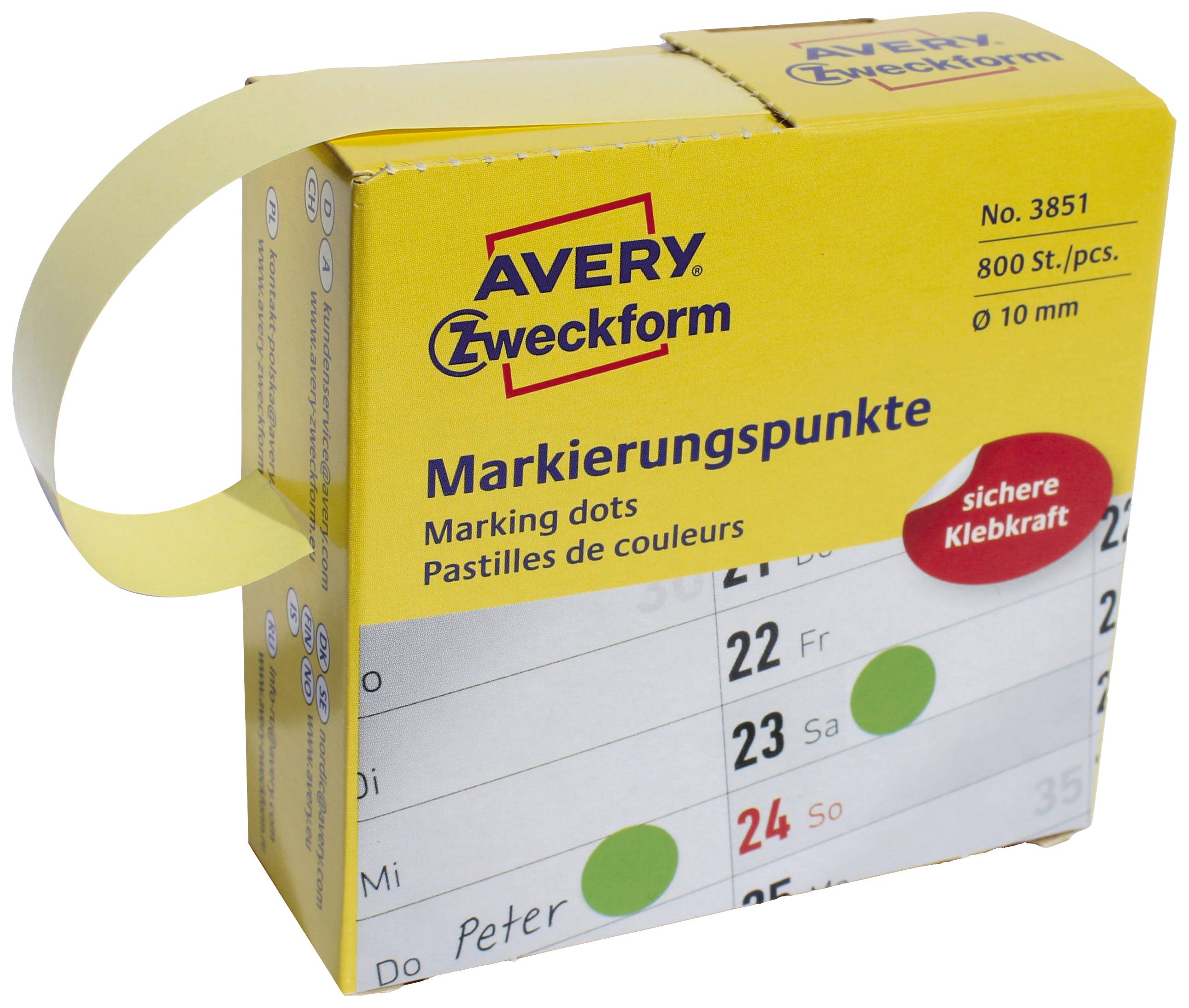 Žltá škatuľa od Avery Zweckform s označovacími bodkami, veľkosť 10 mm, spoľahlivá lepiaca sila. Obsahuje 800 kusov.