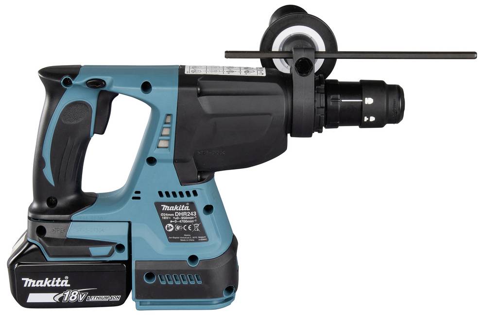 Akumulátorové kladivo značky Makita, model 18V LXT, s modro-čiernym obalom a bočnou rukoväťou. Ideálne pre stavebné práce.