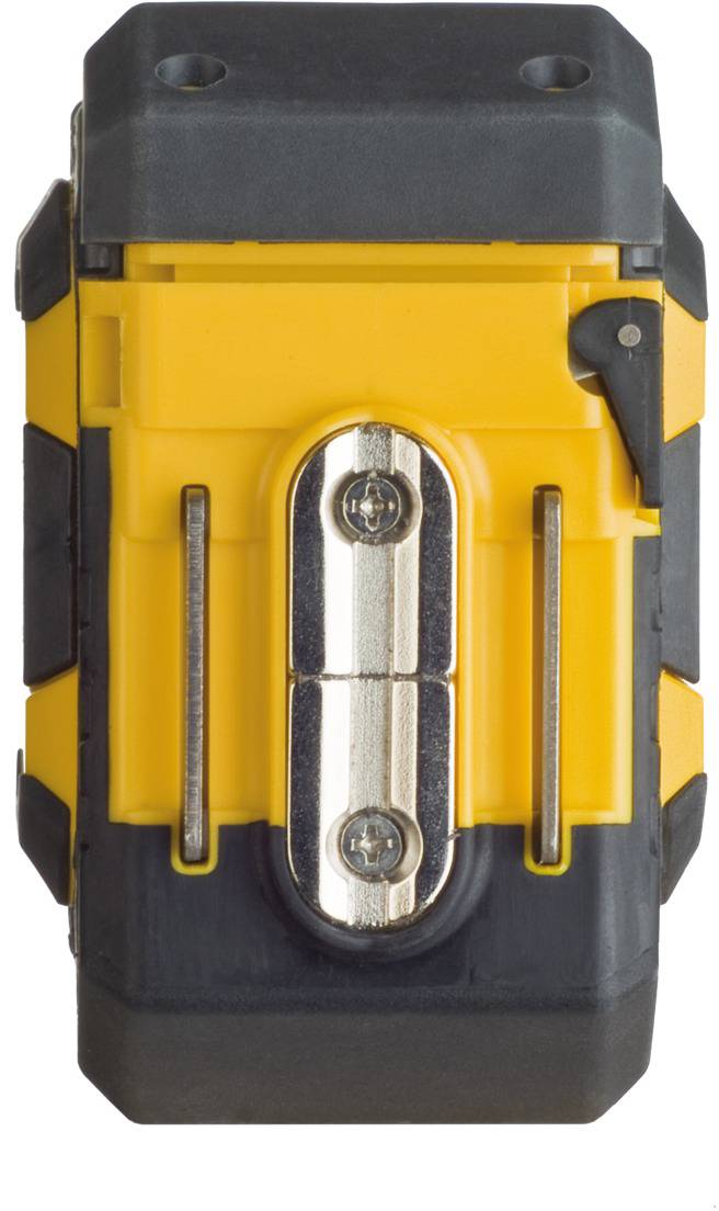 Žltočierny líniový laser so dvoma vertikálnymi líniami a ochranným krytom, vhodný pre stavebné a rekonštrukčné práce.