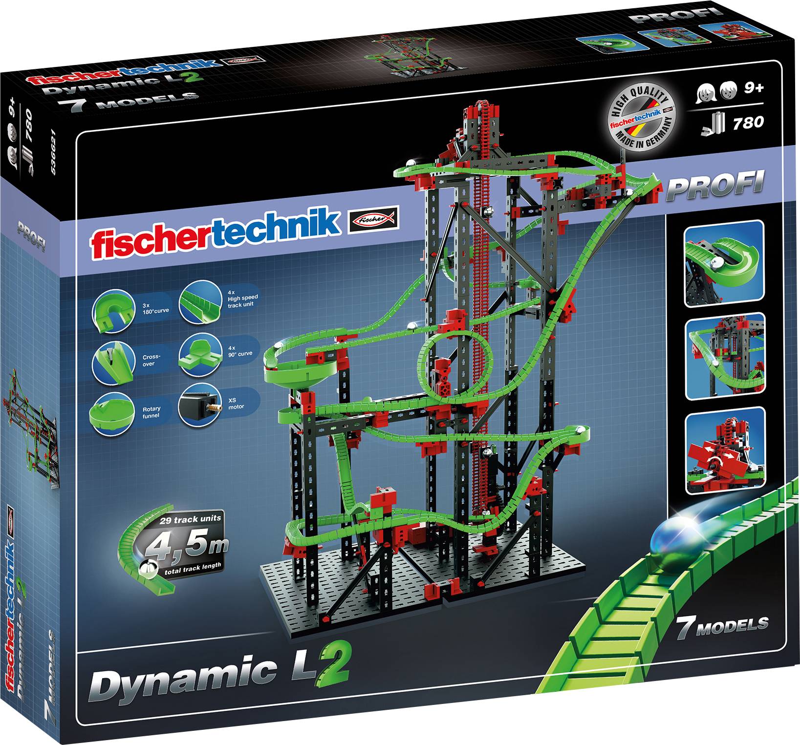 Stavebnica 'Fischertechnik Dynamic L2' pre guľôčkovú dráhu s 780 dielmi. Ukazuje slučky a rôzne modely na zostavenie. Vhodné od 9 rokov.