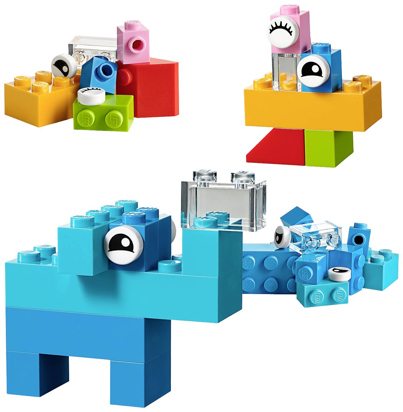 Tri farebné stvorenia postavené z LEGO kociek s veľkými očami, ktoré predstavujú hravé, fantazijné figúrky.