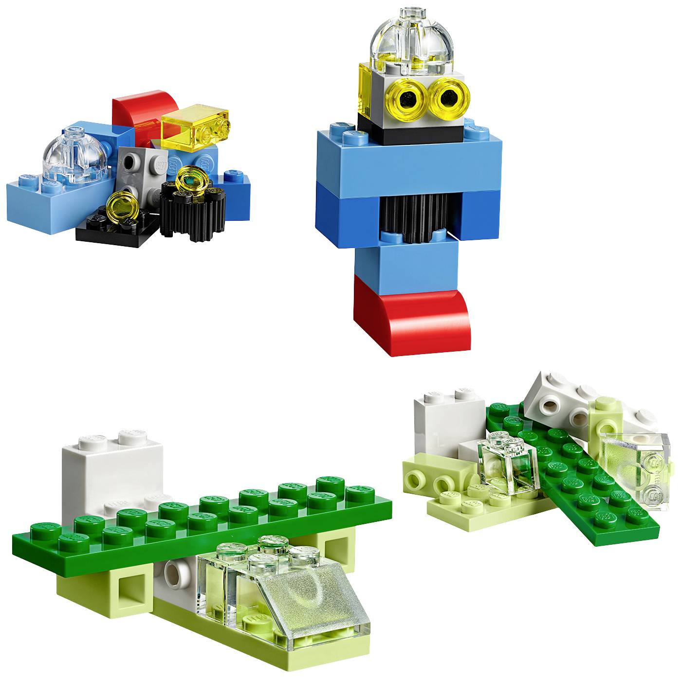 Rôzne LEGO kreácie z farebných stavebných dielikov. Hore je vidieť postavu, dole dva ploché, štruktúrované objekty.