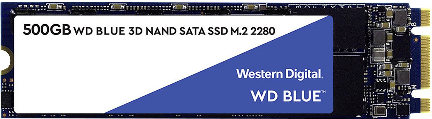 500 GB WD Blue 3D NAND SATA SSD M.2 2280 od Western Digital, čierna PCB doska s modro-bielou nálepkou.