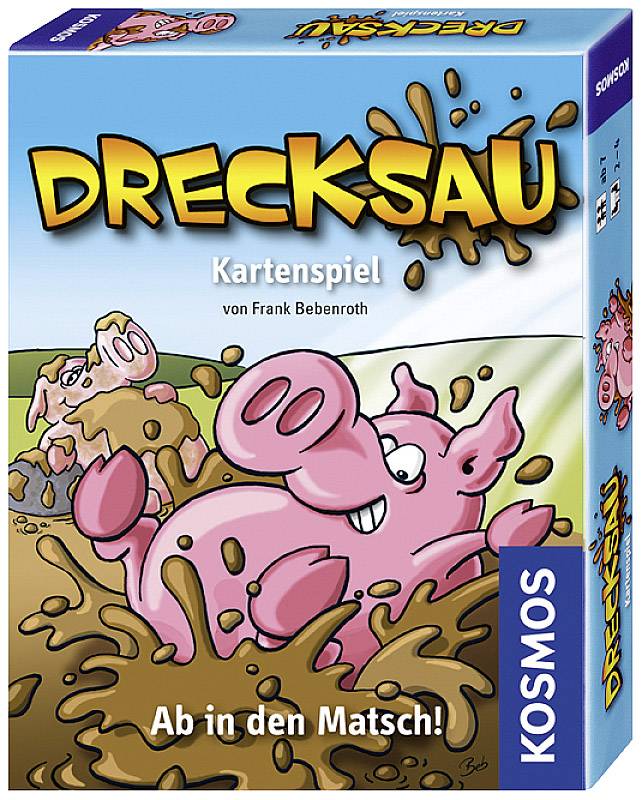 Krabica kartovej hry 'Drecksau' od Kosmos. Na obale sú zobrazené veselé prasiatka hrajúce sa v blate. Reklamný slogan: 'Do blata!'
