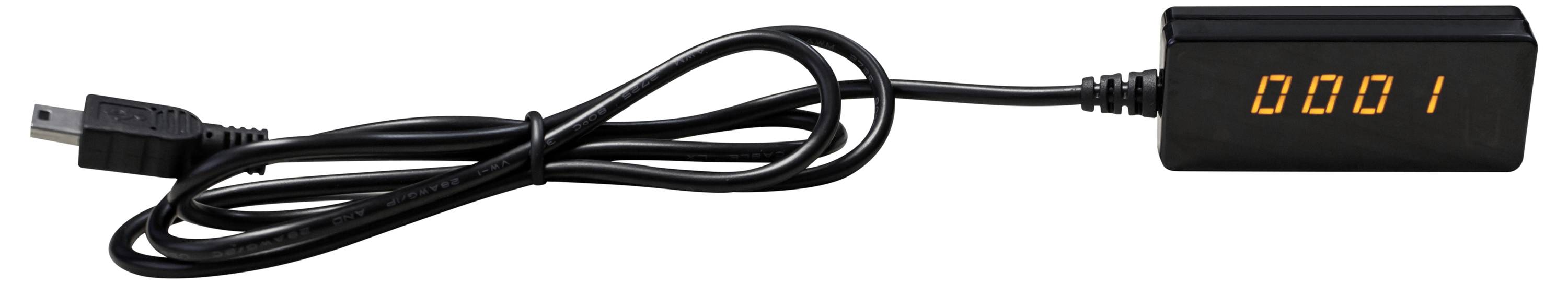 Čierny USB kábel pripojený k digitálnemu počítadlu zobrazujúcemu číslo '0001'.