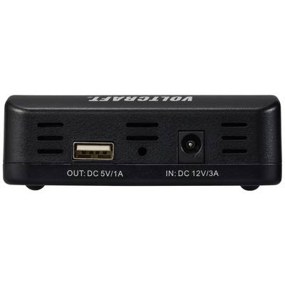 Zariadenie 'Voltcrafter' s USB výstupom (DC 5V/1A) a DC vstupom (12V/3A) na prednej strane, zobrazujúce vetracie štrbiny a konektory.