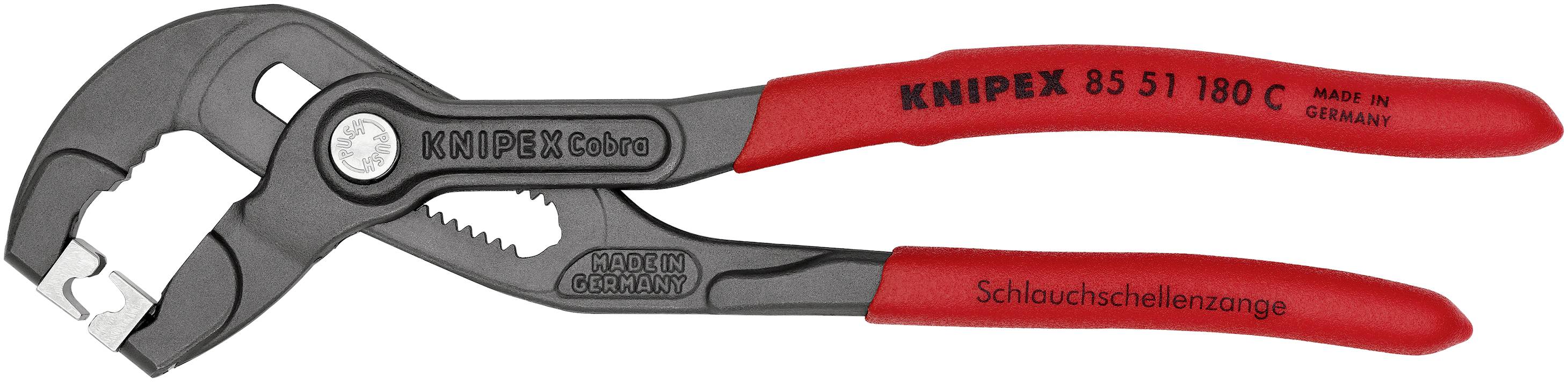 Kliešte KNIPEX Cobra na svorky hadíc: Červené kliešte špeciálne určené na uvoľňovanie a utahovanie svoriek hadíc. Označené ako „Vyrobené v Nemecku".