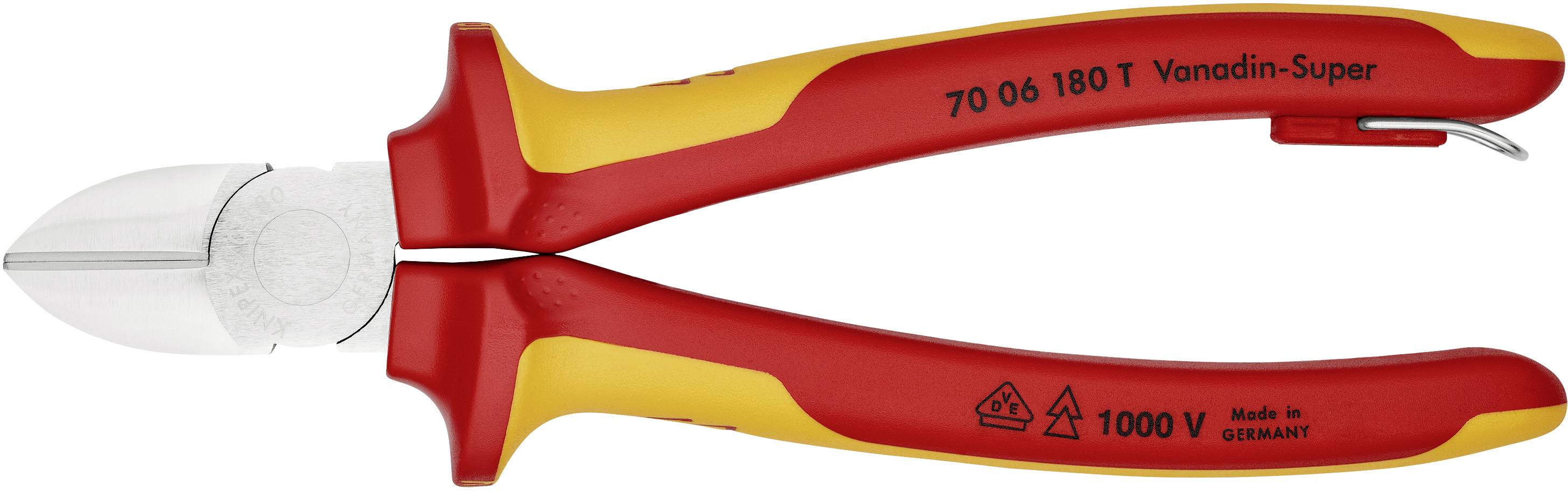 Izolované kombinované kliešte VDE, červeno-žlté, s označením 'Vanadin-Super', '1000V', vhodné pre bezpečnú prácu na elektrických zariadeniach.