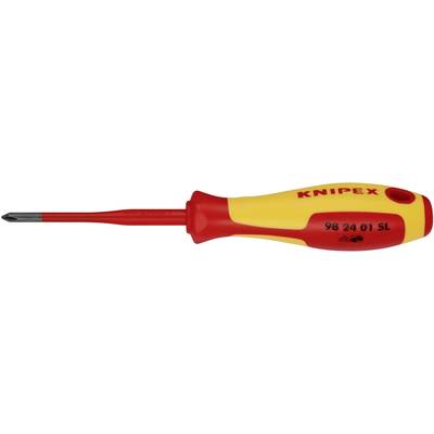 Izolovaný skrutkovač značky 'Knipex' s červeným držadlom a žltým označením, vhodný pre práce na elektrických zariadeniach.