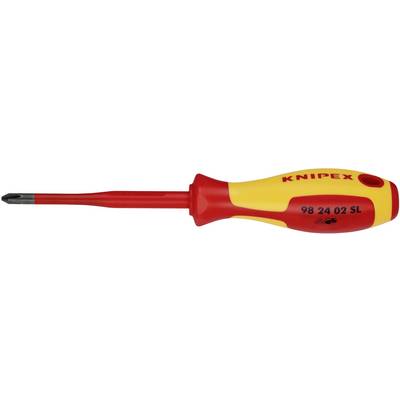 Skrutkovač so žltou a červenou rukoväťou, s nápisom 'KNIPEX' a '98 24 02 SL', vhodný pre skrutky s krížovou hlavou.