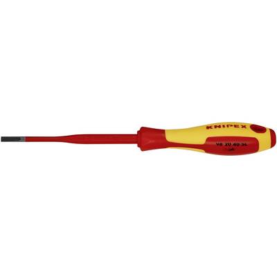 Izolovaný skrutkovač značky Knipex s červenou rukoväťou a žltou hlavou, vhodný pre prácu na elektrických súčastiach.