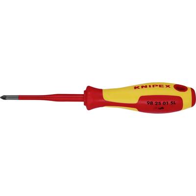 Žltočervený skrutkovač s izolovanou rukoväťou a čiernym hrotom. Na rukoväti je napísané 'KNIPEX 98 25 01 SL'.