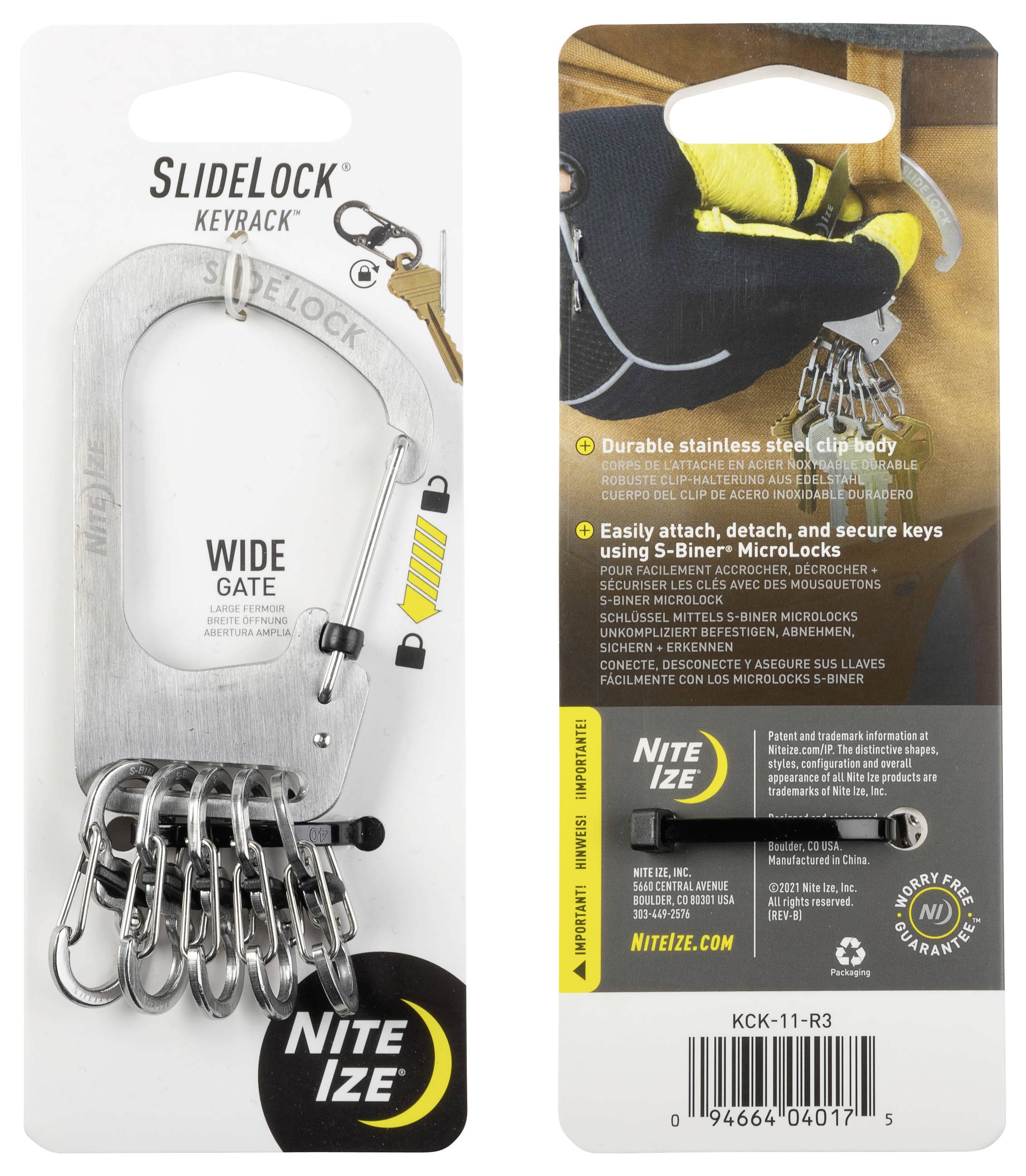 Obal produktu Nite Ize SlideLock Keyrack zobrazujúci nehrdzavejúcu oceľovú sponku so šiestimi karabínkami na organizáciu a zabezpečenie kľúčov.