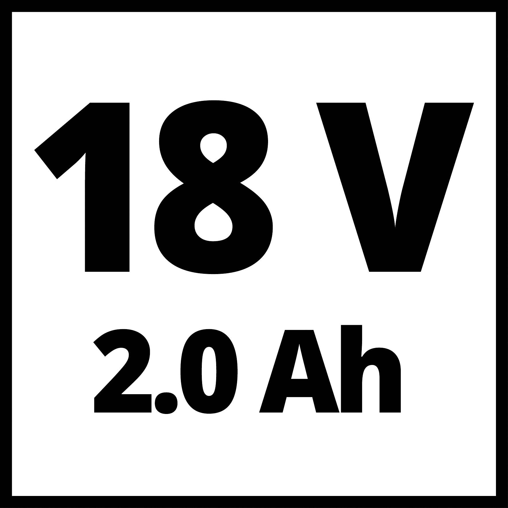 '18 V 2,0 Ah' text na bielom pozadí, pravdepodobne údaj o kapacite a napätí akumulátora.
