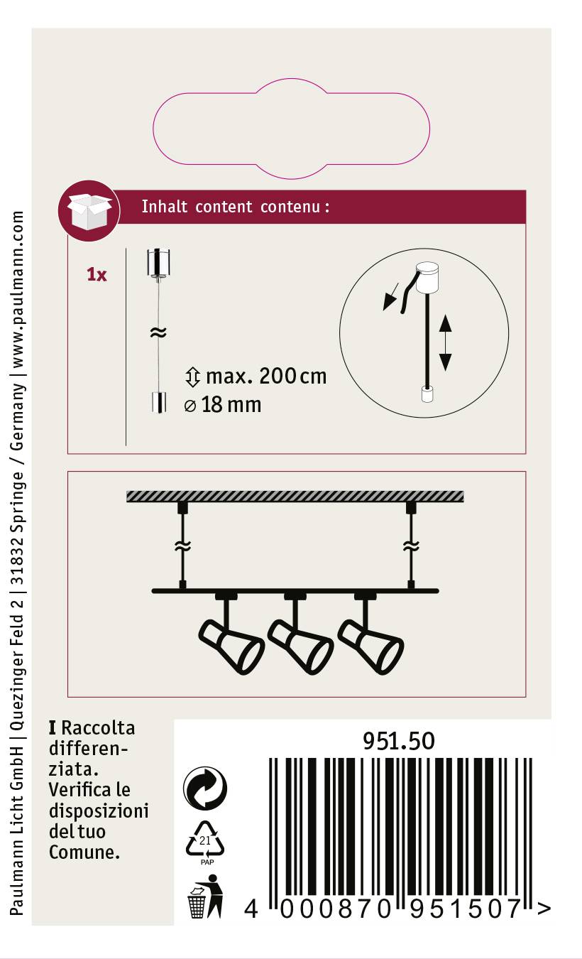 Zadná strana obalu súpravy stropnej lampy. Zobrazuje montážnu schému, max. výšku 200 cm, priemer 18 mm. Obsahuje pokyny na recykláciu.