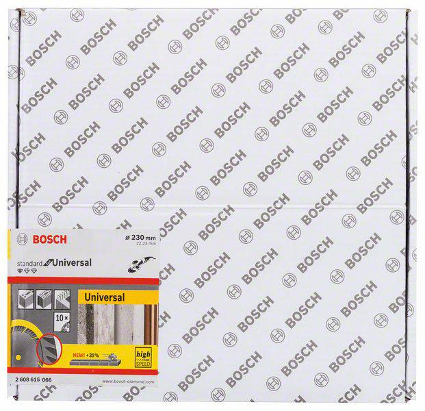 Rezná kotúč Bosch, priemer 230 mm, vhodný pre univerzálne použitie na rôznych materiáloch. Obal obsahuje informácie o produkte.
