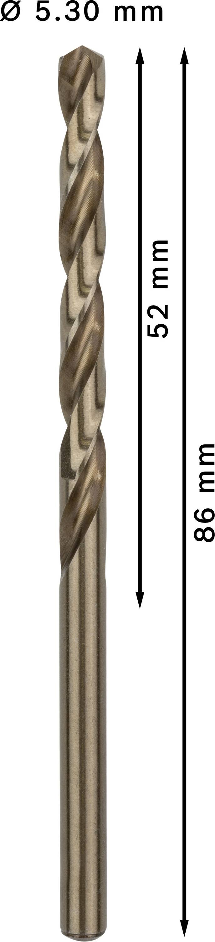 Vrták s priemerom 5,30 mm a celkovou dĺžkou 86 mm. Špirálové rezné hrany majú dĺžku 52 mm.