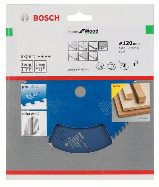 Pílový list Bosch pre drevo s označením 'expert for Wood', priemer 120 mm, symbolizuje presný a trvanlivý rez.