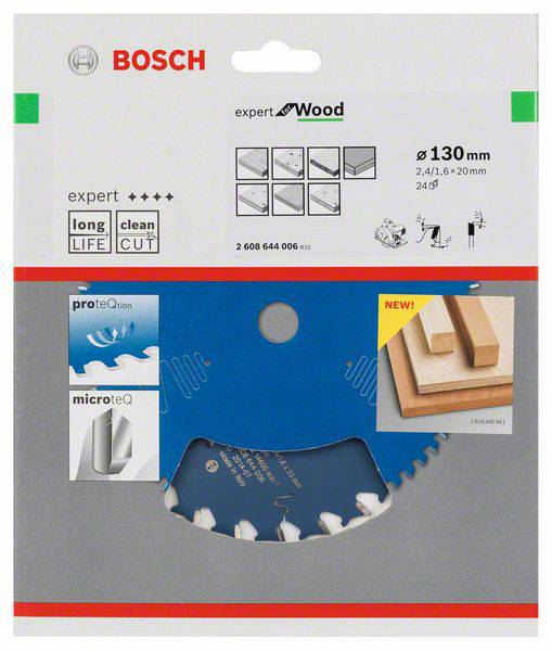 Balenie pílového listu Bosch Expert na drevo, priemer 130 mm. Obsahuje informácie o kompatibilite, reznej výkonnosti a trvanlivosti.