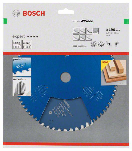 Pílový kotúč značky Bosch vhodný na drevo, priemer 190 mm. Obsahuje symboly pre 'dlhú životnosť' a 'čistý rez'.