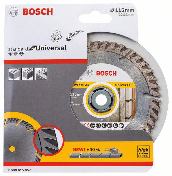 Balenie Bosch 115mm univerzálneho pílového listu, vhodného pre rôzne materiály. Propagovaný ako dlhodobo použiteľný a s 30% vyššou rýchlosťou rezania.