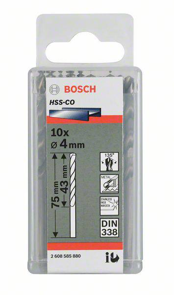 Balenie sady vrtákov Bosch HSS-Co, obsahuje 10 vrtákov, Ø 4 mm, dĺžka 75 mm. Vhodné pre kov, drevo a plasty.
