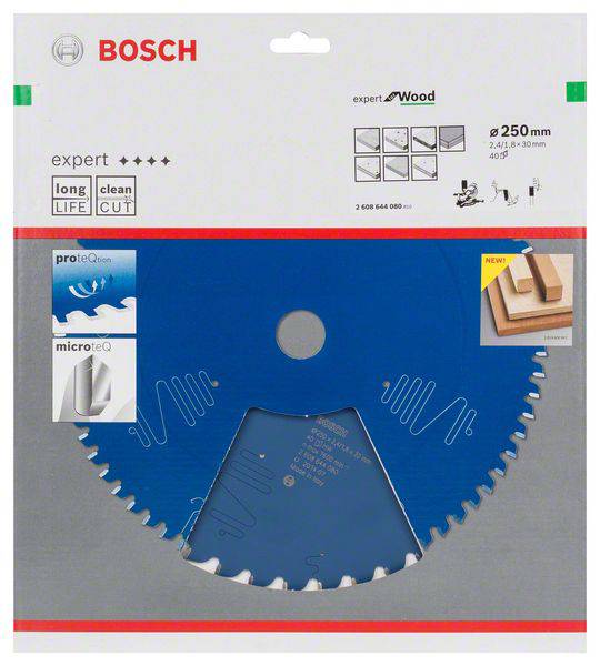 Bosch kotúč na rezanie dreva, 250mm, expertná kvalita. Vlastnosti: dlhá životnosť, čistý rez, technológie ProteQtion a MicroteQ.