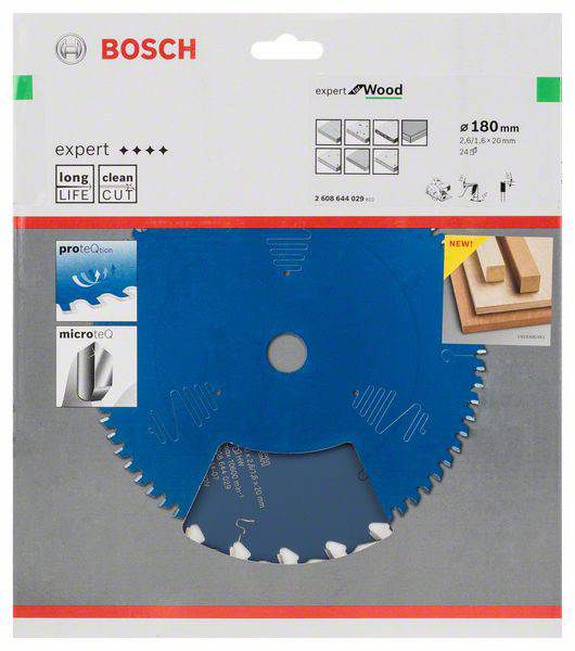 Balenie modrého kotúča Bosch píly, vhodného na drevo, veľkosť 180 mm, s logami vyznačujúcimi dlhú životnosť a čistý rez.