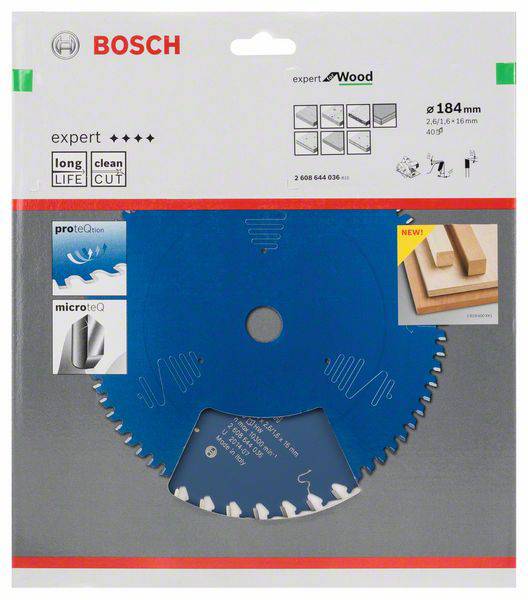 Obal pílového kotúča Bosch 'Expert for Wood' s priemerom 184 mm, zvýraznený trvanlivosťou a čistým rezom.