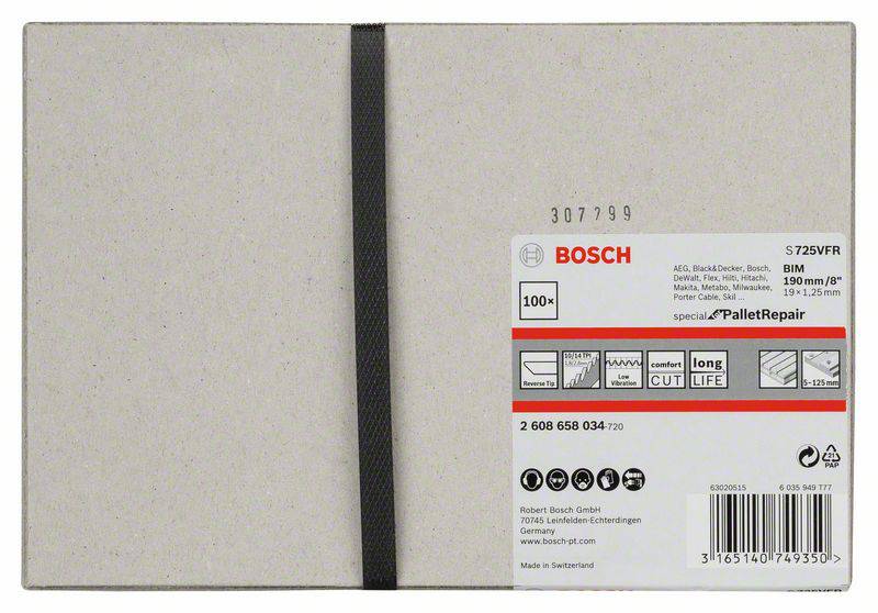 Sada brúsnych listov Bosch, model S725VFR, vhodná na opravu paliet. Obsahuje 100 listov, zrnitosť 60, rozmer 190 x 15 mm.