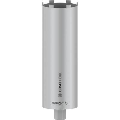 Sivá vrtacia koruna s nápisom 'Bosch Pro' s priemerom 142 mm. Má valcovitý dizajn s viacerými reznými zubami.