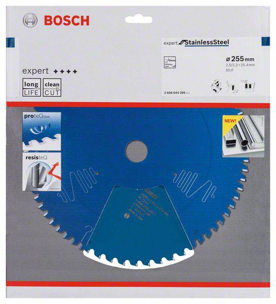 Obal pílového listu Bosch zobrazuje modrý pílový list na nehrdzavejúcu oceľ s priemerom 255 mm. List sľubuje 'dlhú životnosť' a 'čistý rez'.