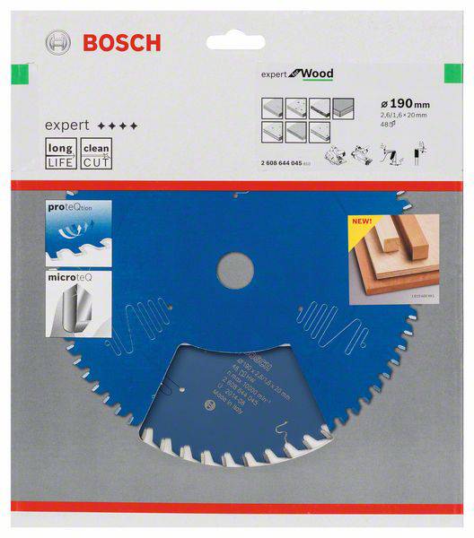 Pílový list Bosch na drevo, priemer 190 mm, vhodný na presné rezy. Obsahuje symboly dlhej životnosti a čistého rezu.