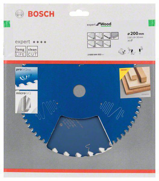 'Bosch pílový list na drevo, 200 mm, dlhodobo odolný a presný. S ochrannou vrstvou Proteqtion a technológiou Microteq pre čisté rezy.'