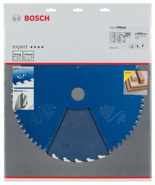 Pílový kotúč Bosch na drevo, priemer 450 mm, modrý povrch, vhodný na čisté rezy a dlhú životnosť.