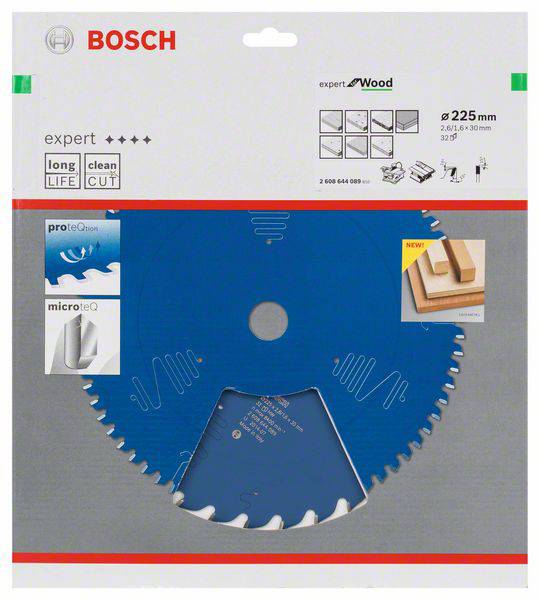 'Bosch pílový list na drevo, priemer 225 mm, Expert séria. Dlhodobo použiteľný a presný, vhodný pre rôzne druhy pílenia.'