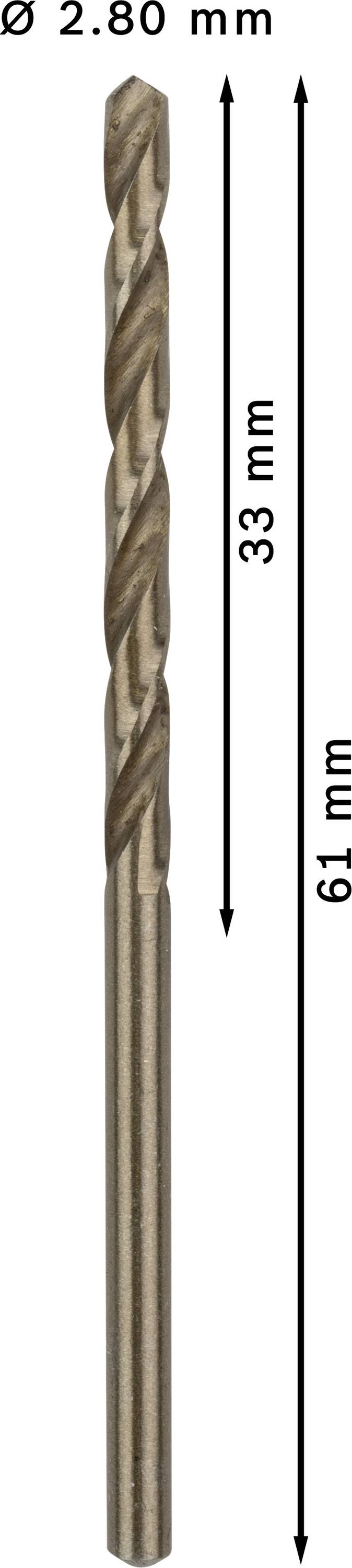 'Kovový vrták' s priemerom 2,80 mm. Celková dĺžka 61 mm, dĺžka rezu 33 mm. Používa sa na presné vŕtanie do kovových povrchov.