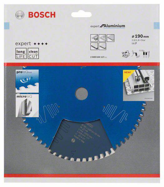 Kotúč na pílu značky Bosch, vhodný pre hliník, priemer 190 mm, séria Expert s ochrannými a rezacími technológiami. Obal nesie pečať kvality.