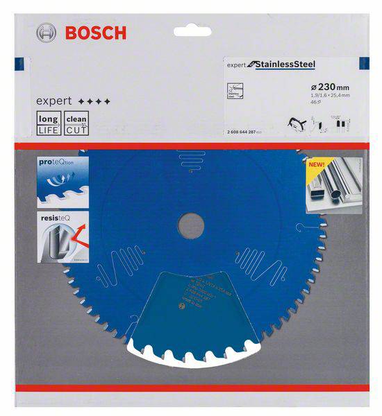 Obal pílovej čepele Bosch, vhodnej pre nehrdzavejúcu oceľ. Priemer: 230 mm. Zdôrazňuje "dlhú životnosť" a "čistý rez". Obsahuje obrázky produktu.