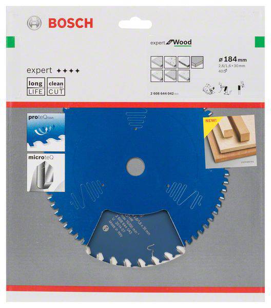Balenie pílového listu Bosch Expert na drevo, priemer 184 mm. Vhodný pre čisté rezy. Zobrazuje obrázky a text s detailmi produktu.