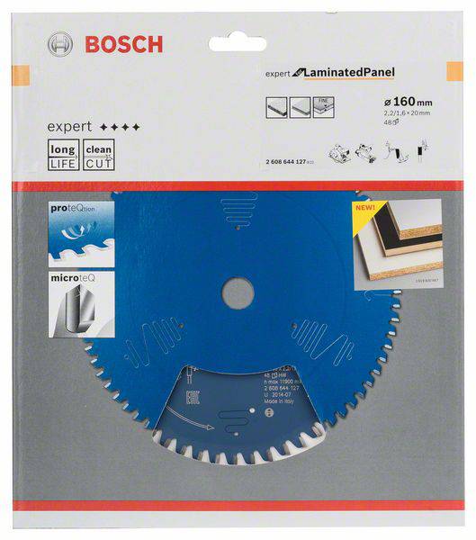 Obal pílového kotúča 'Bosch' pre laminátové panely. Charakteristiky produktu: priemer 160 mm, dlhá životnosť, čistý rez.