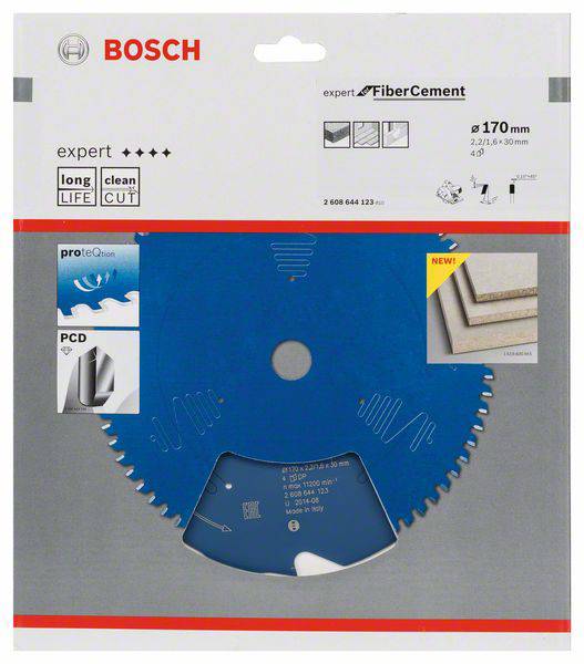 Kotúč pílového listu od Boscha špeciálne pre vláknocementové materiály s priemerom 170 mm. Balenie zdôrazňuje trvanlivosť a presný rez.